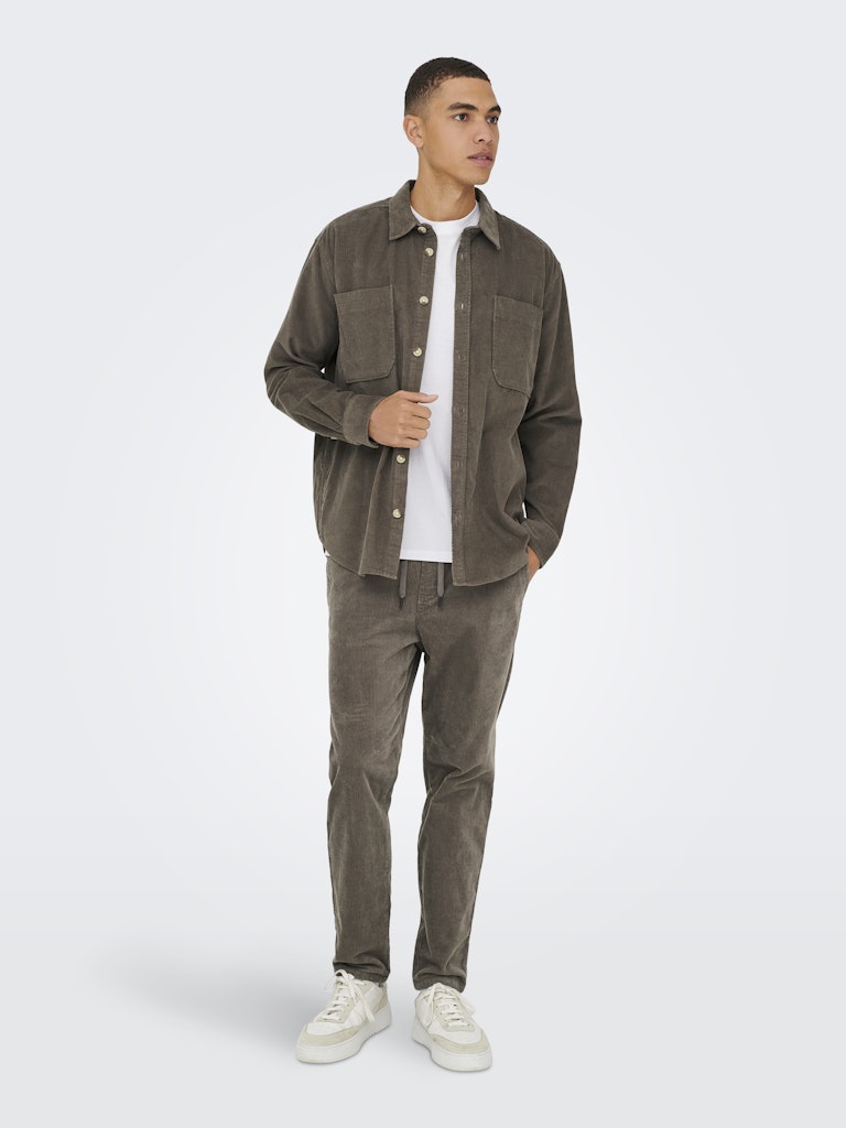 ONLY & SONS coffee brown corduroy shirt — relaxed fit with button fastening and twin chest pockets.