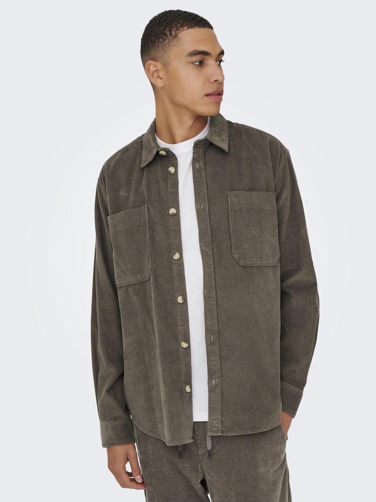 ONLY & SONS coffee brown corduroy shirt — relaxed fit with button fastening and twin chest pockets.