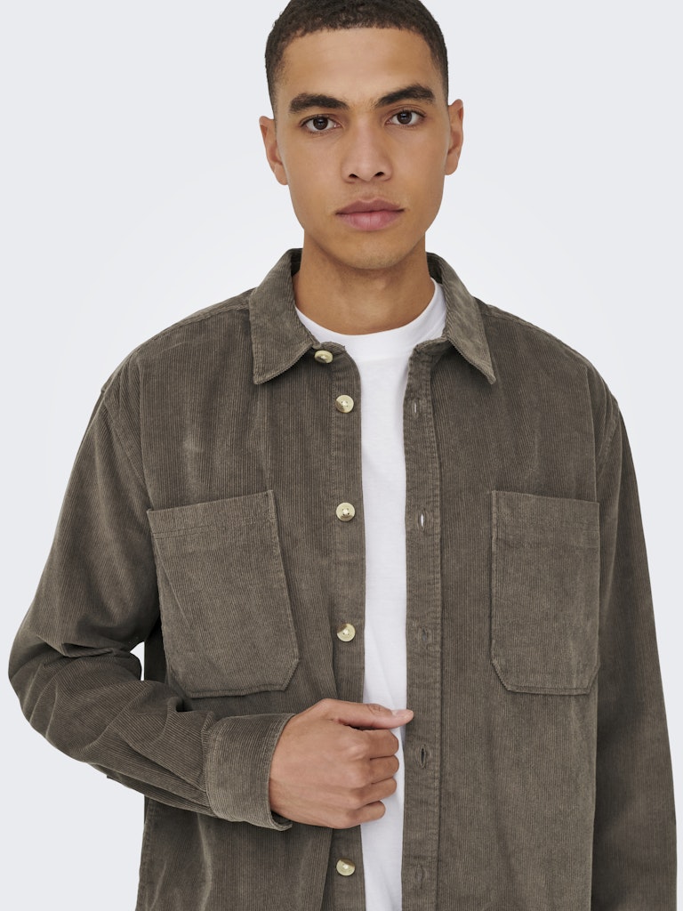 ONLY & SONS coffee brown corduroy shirt — relaxed fit with button fastening and twin chest pockets.