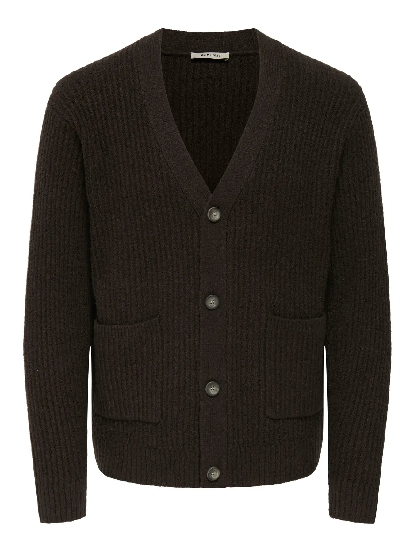 Dark brown ribbed cardigan with button details on a white background by Only & Sons