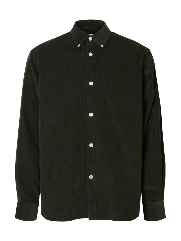 Selected Homme dark green corduroy overshirt for men, featuring button-down collar, long sleeves, and classic front button closure