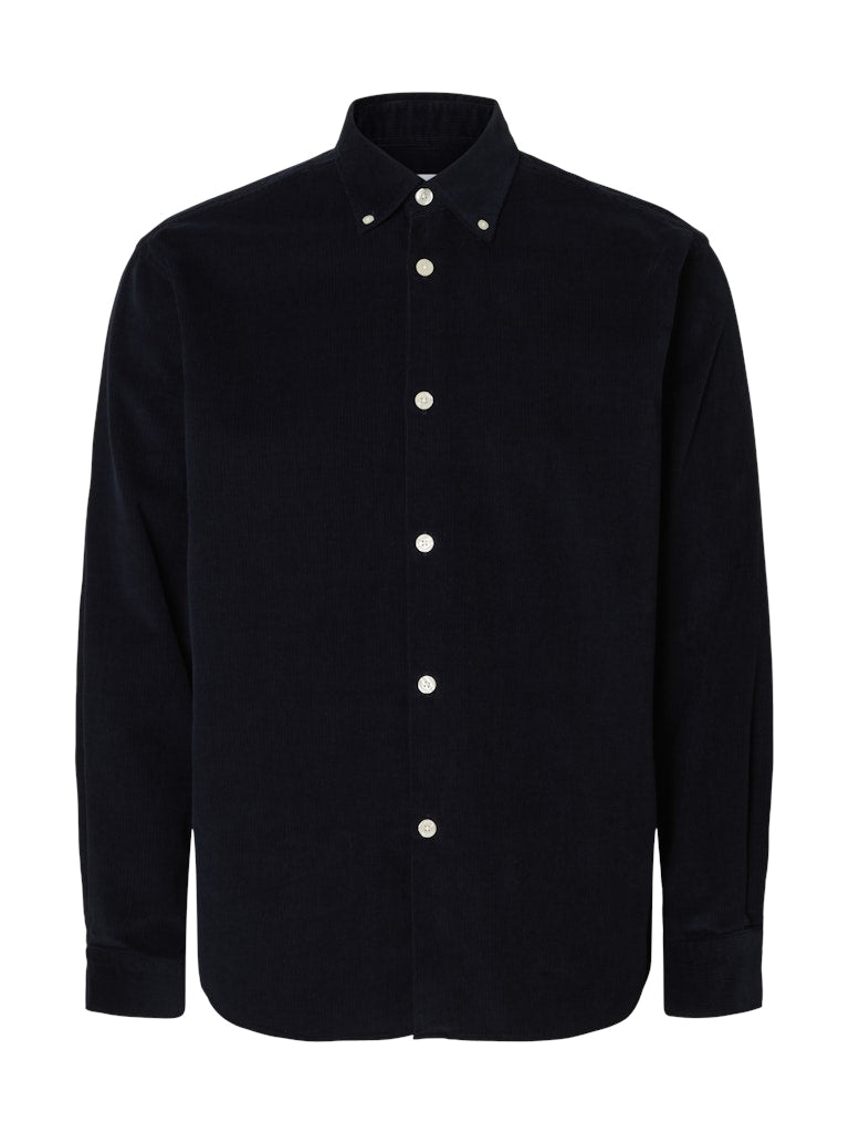 Selected Homme Navy corduroy overshirt for men, featuring button-down collar, long sleeves, and classic front button closure