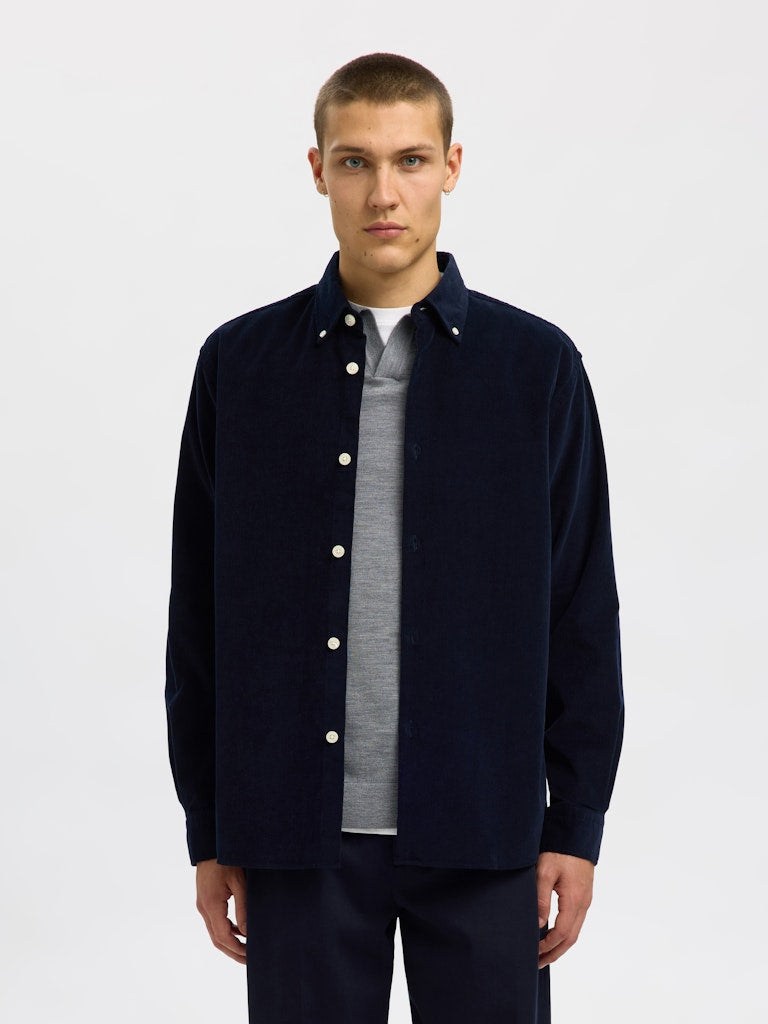 Selected Homme Navy corduroy overshirt for men, featuring button-down collar, long sleeves, and classic front button closure
