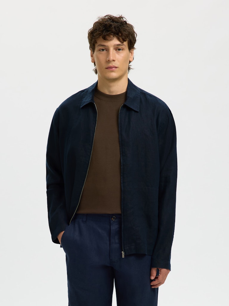 mens navy linen overshirt portrait styling