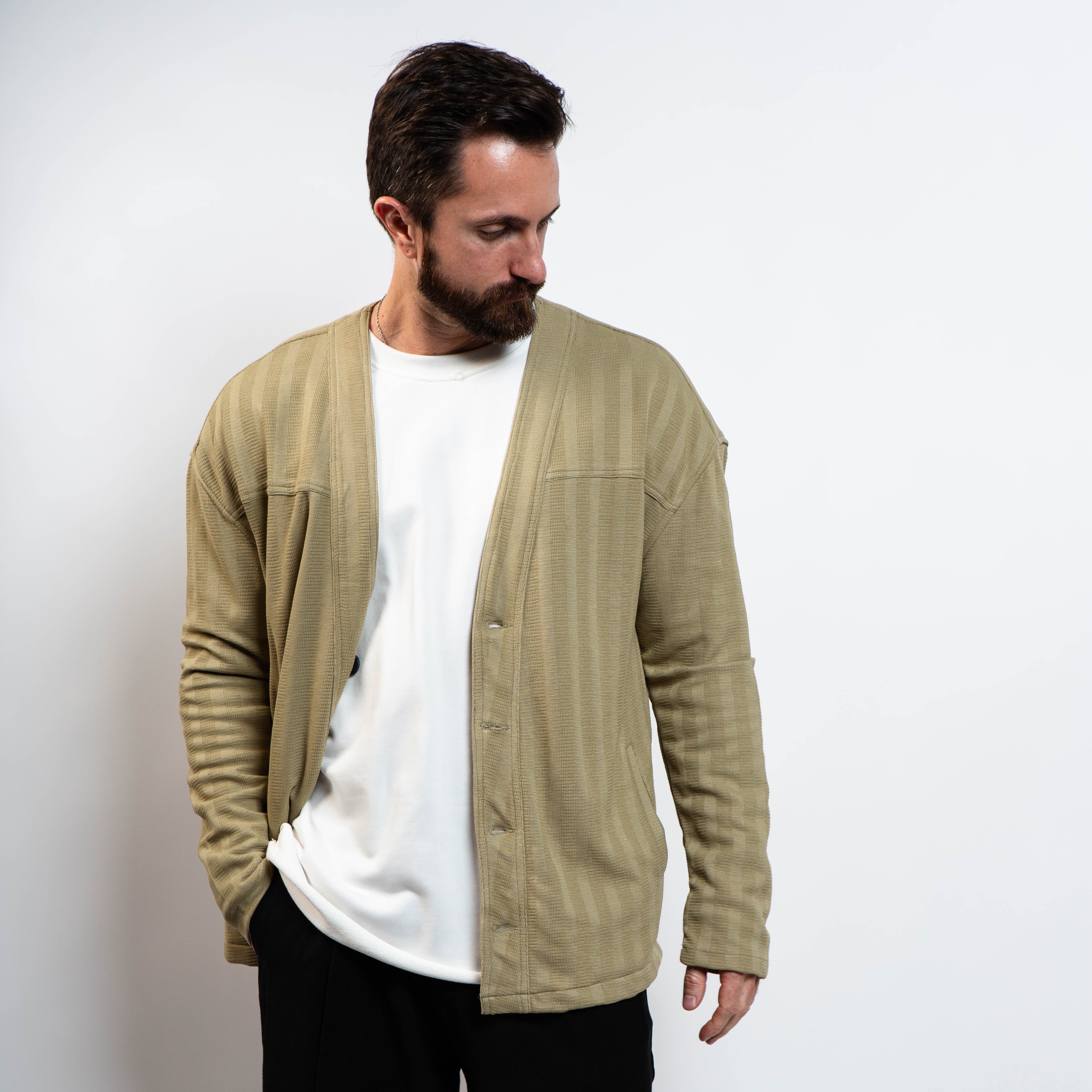 beige tonal stripe cardigan