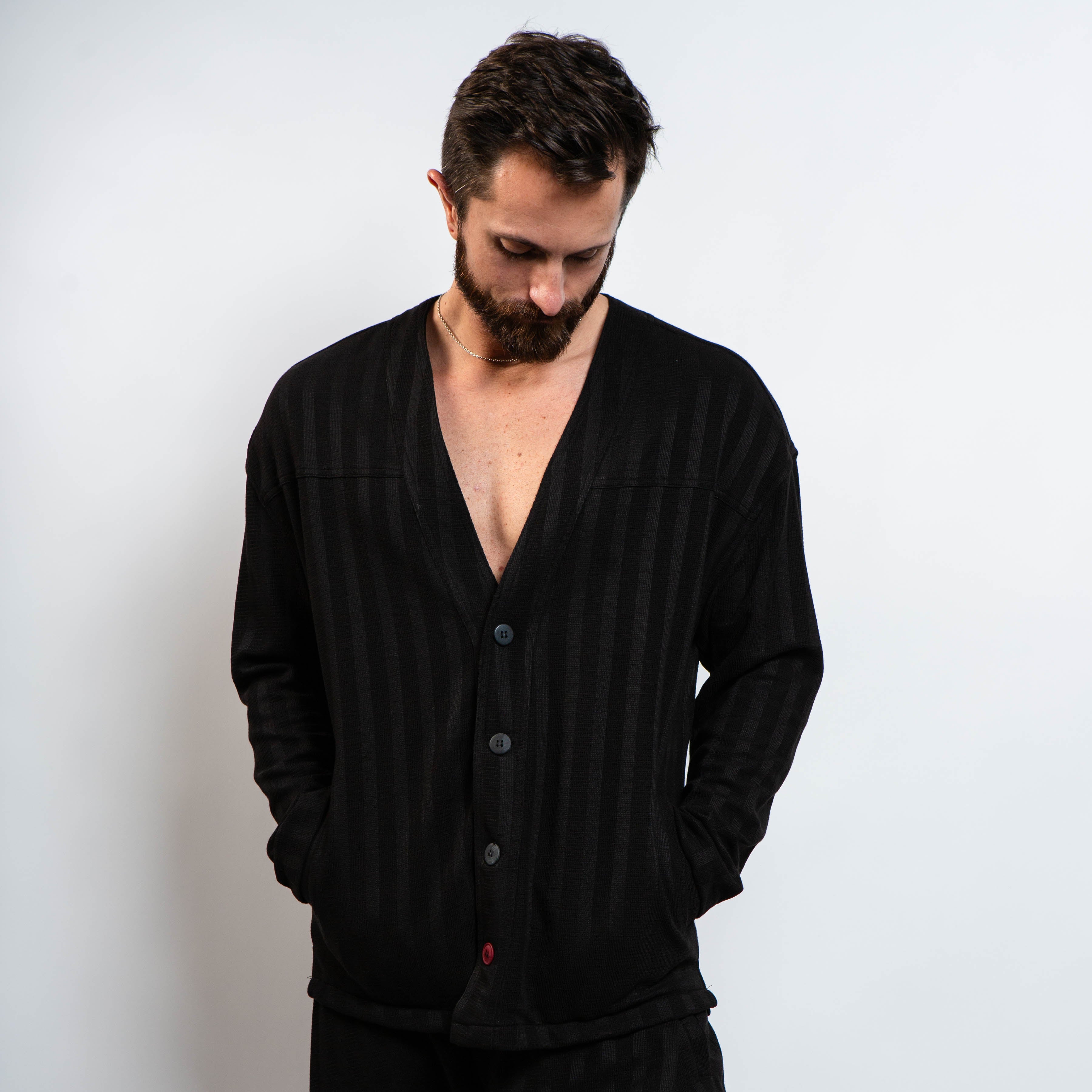 modern black cardigan with stripe texture