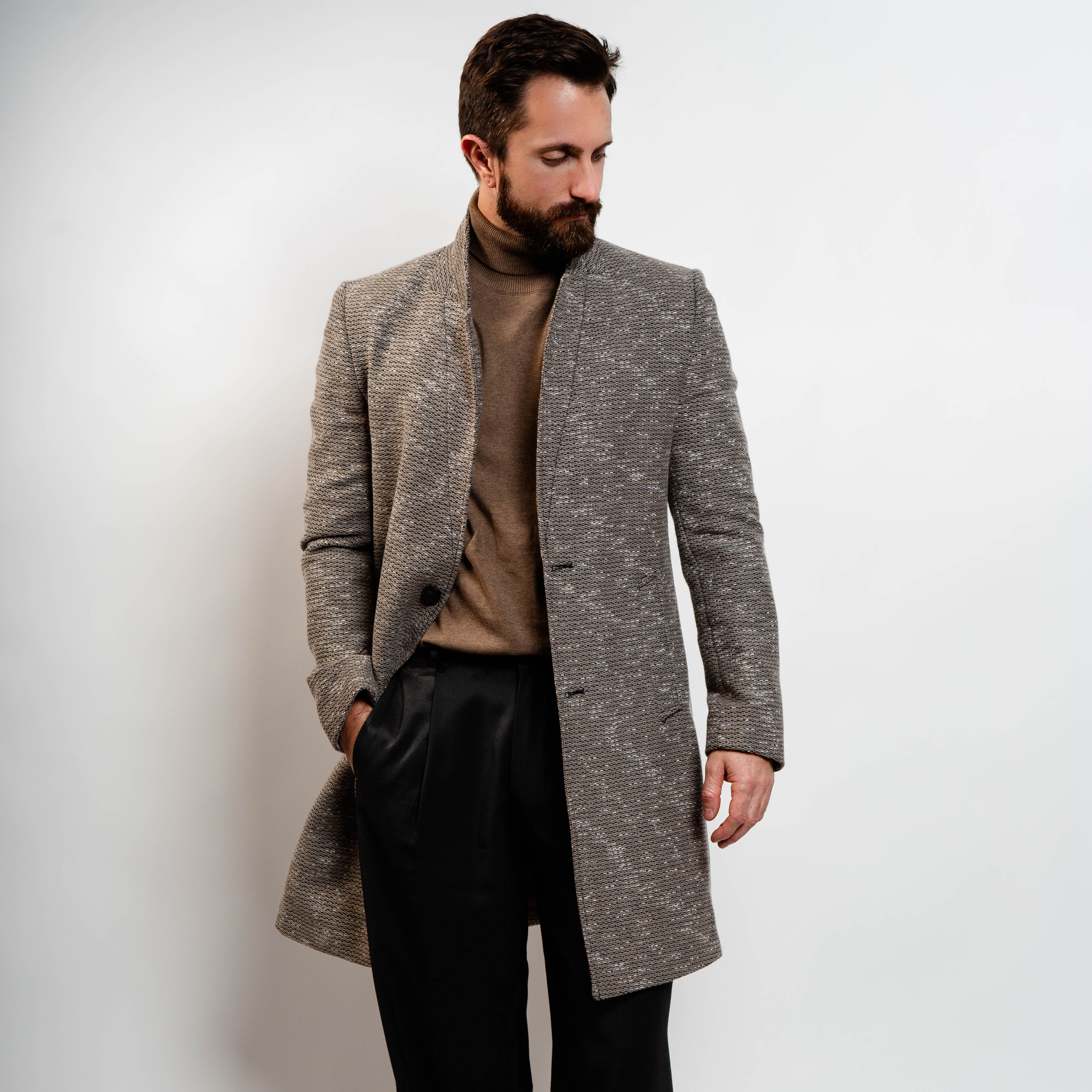 Ash grey wool peacoat for men with textured weave