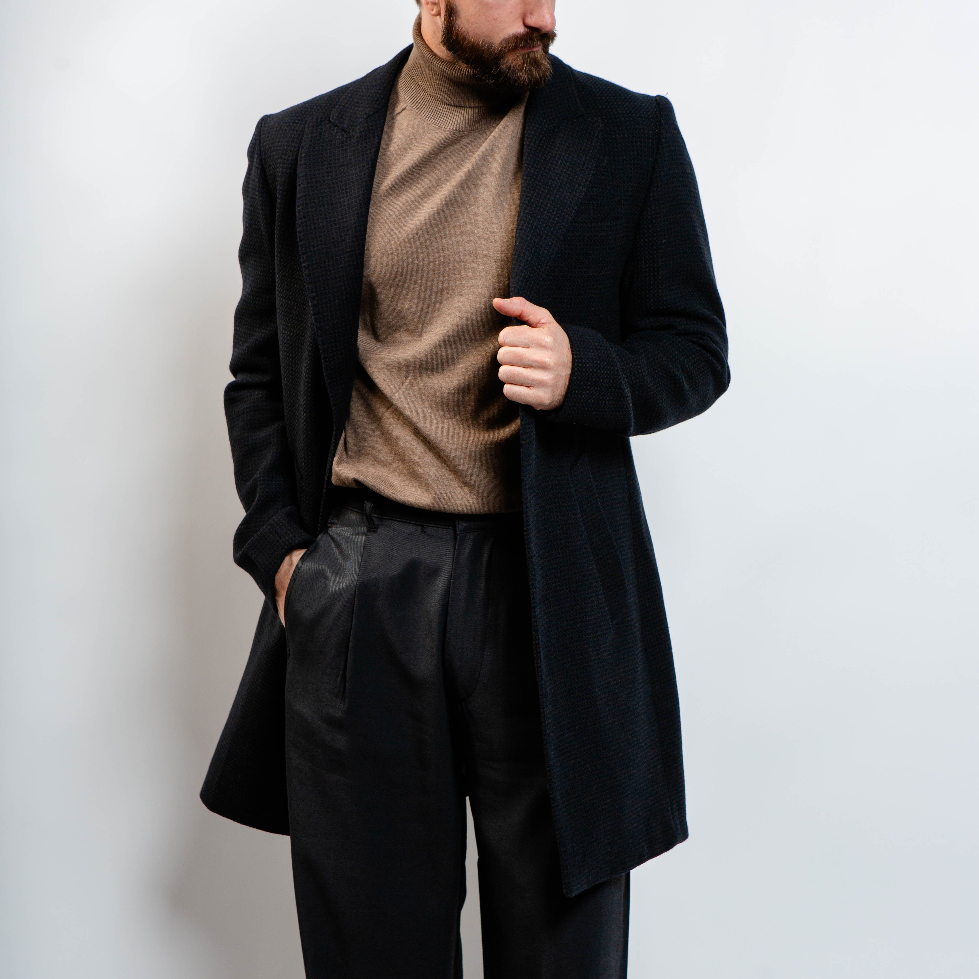 Men’s black wool peacoat with textured weave