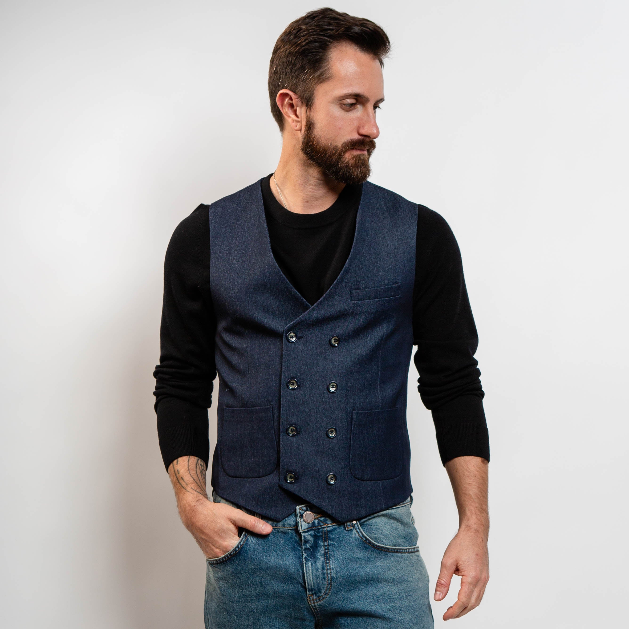 Men’s navy blue double-breasted cotton waistcoat