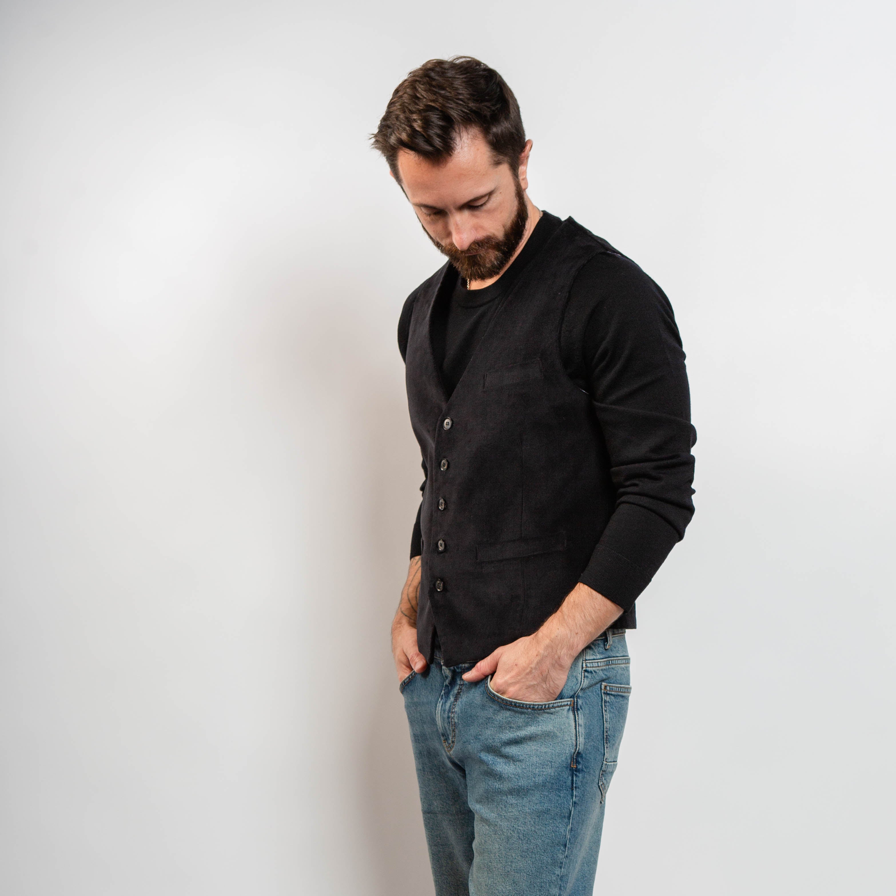 Tailored black vest for men with button front