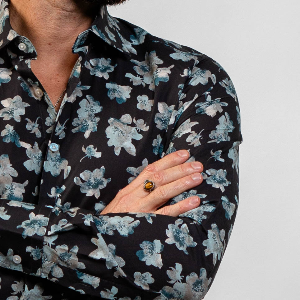 charcoal shirt with blue floral pattern