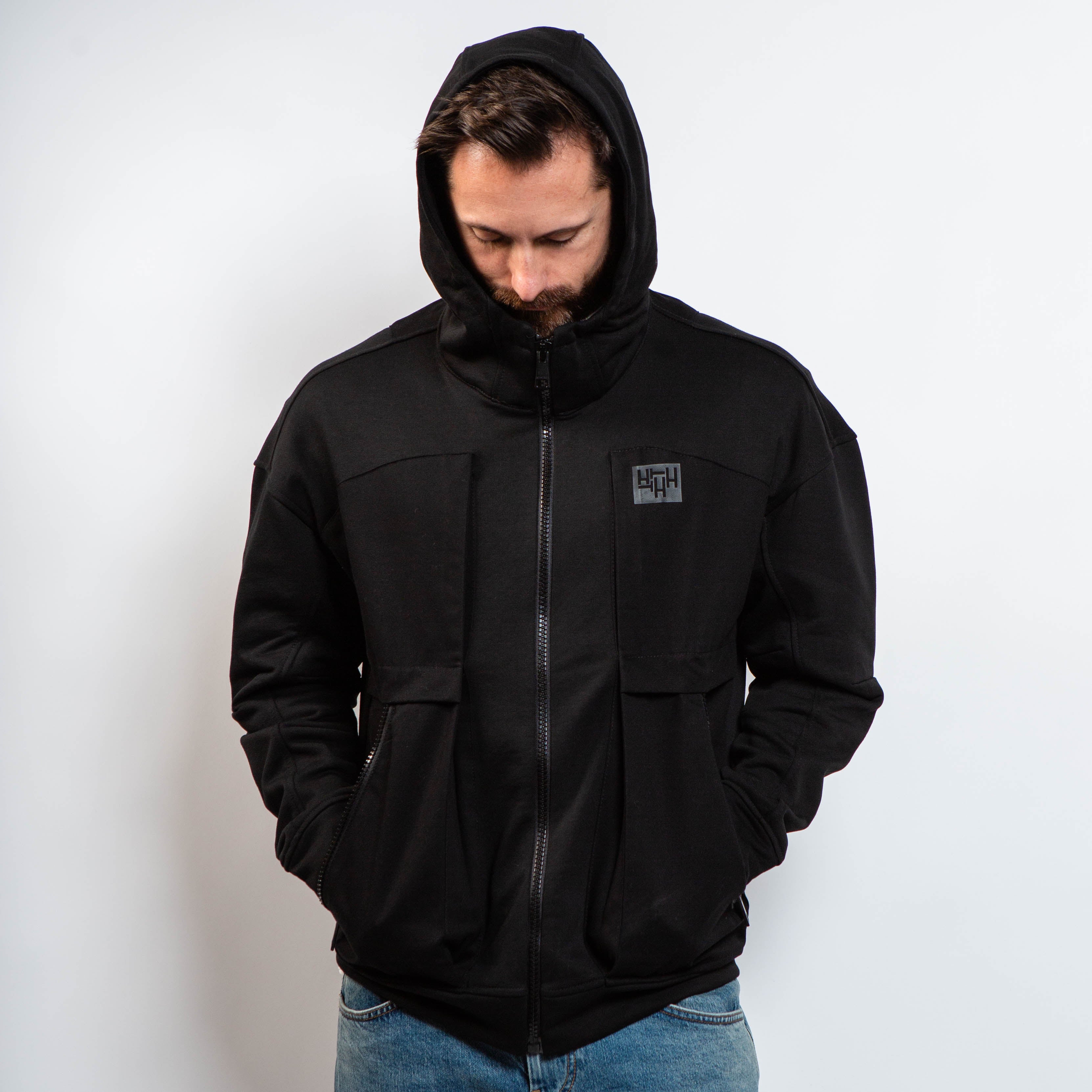 black zip hoodie with logo patch