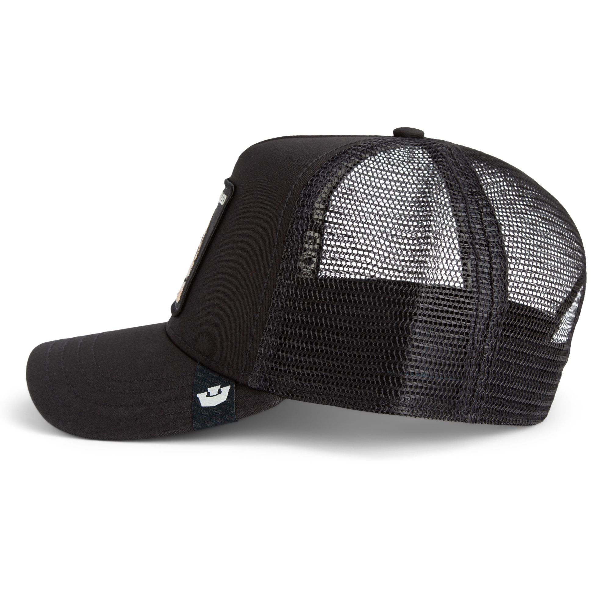 Goorin Bros Cancelled Skull Trucker Hat in black with embroidered skull patch