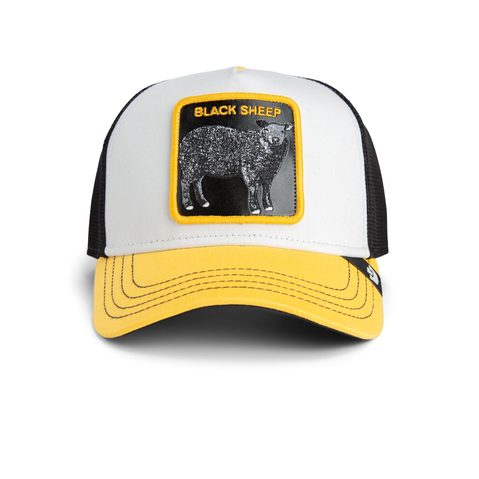 Goorin Bros Black Sheep Trucker Hat with yellow brim and embroidered black sheep patch
