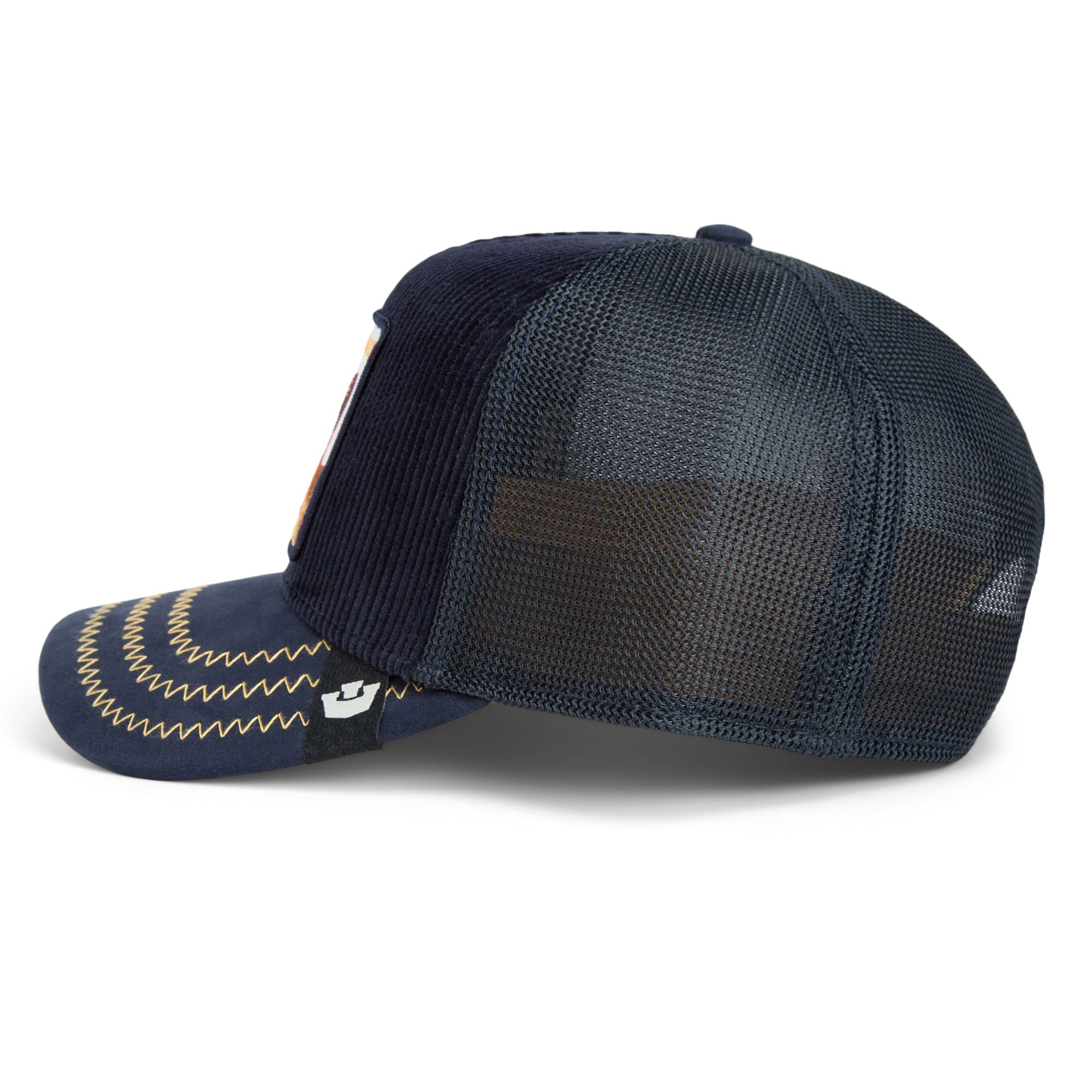 Goorin Bros High Class French Bulldog Trucker Hat in navy corduroy with embroidered dog patch