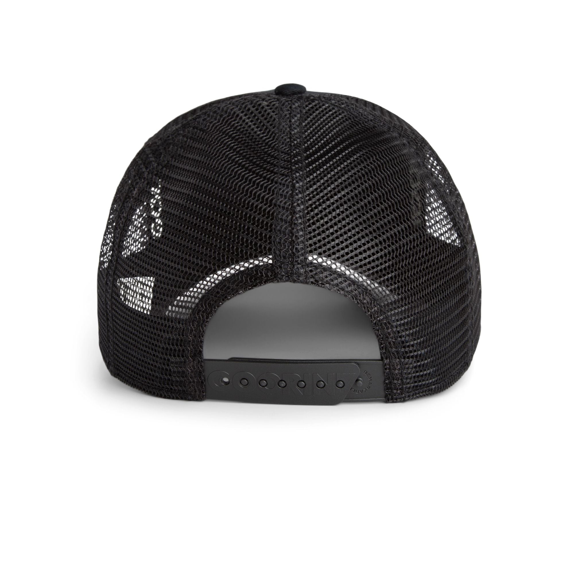 Goorin Bros Cancelled Skull Trucker Hat in black with embroidered skull patch