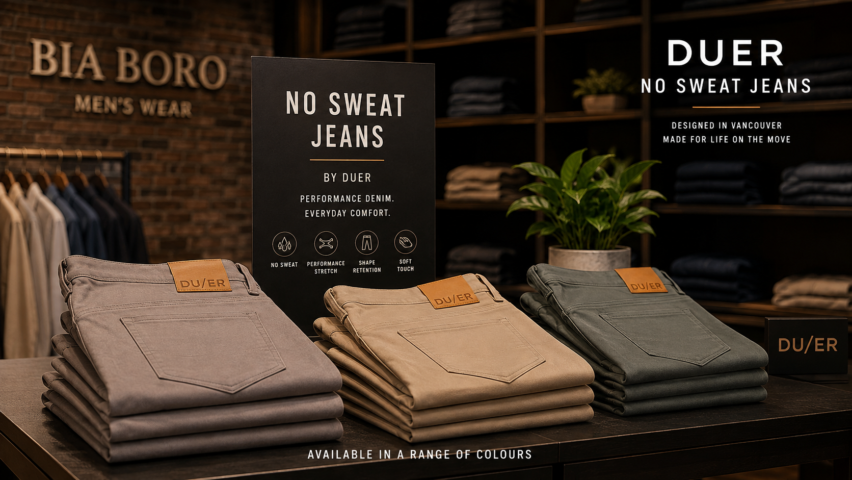 DUER No Sweat Pants folded in grey, tan and olive on display at Bia Boro Menswear
