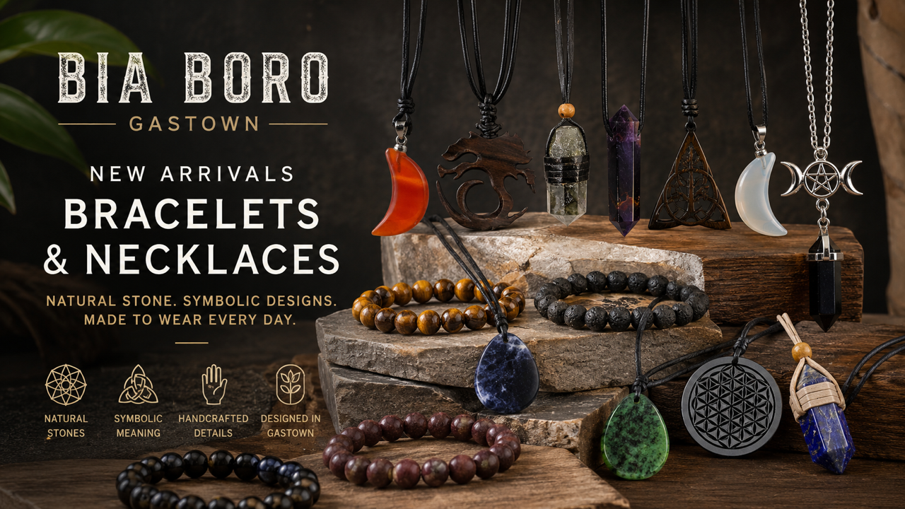 Bia Boro Gastown new arrivals — mens stone bracelets and symbolic necklaces including tiger eye, lava stone, and wooden pendants