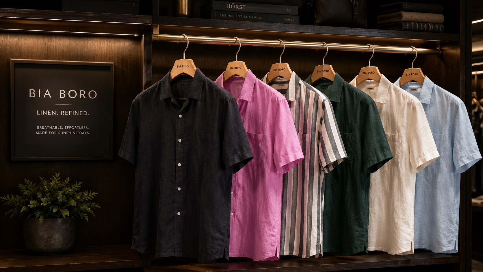 Bia Boro Menswear Gastown — linen short sleeve shirts displayed in store, Vancouver menswear boutique