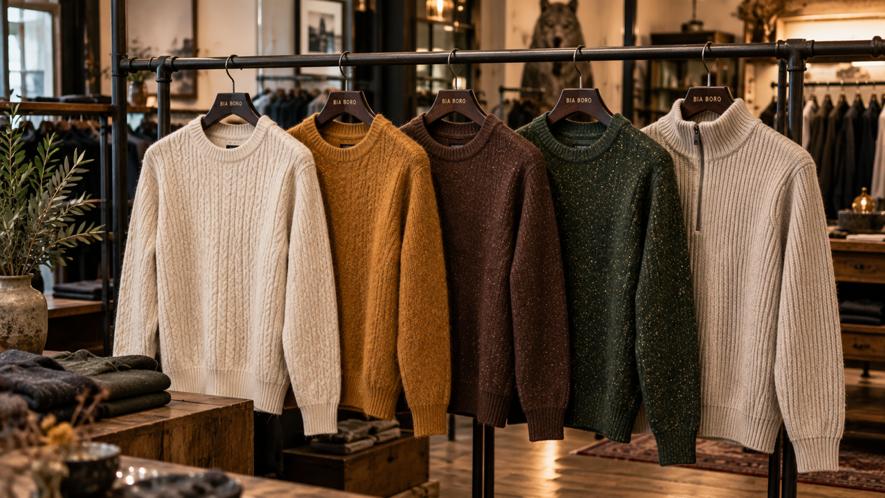 Bia Boro Menswear autumn knitwear collection displayed on hangers — cream cable knit, mustard textured, chocolate brown, speckled forest green and oatmeal half-zip sweaters Gastown Vancouver