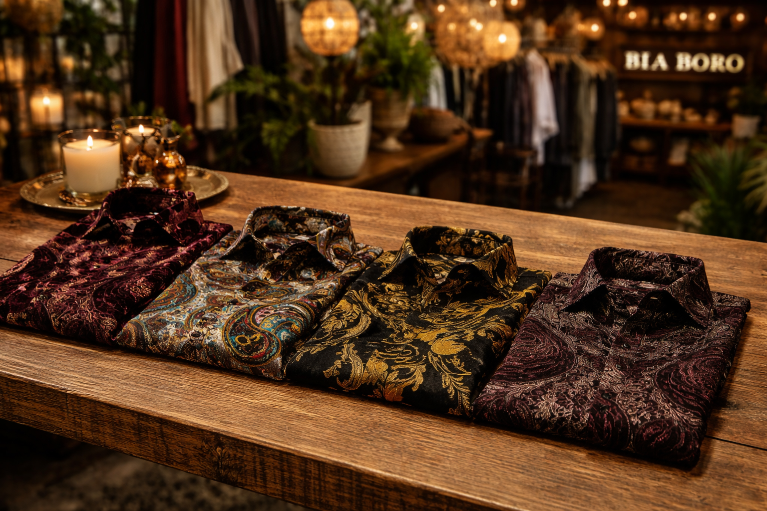 Bia Boro Menswear patterned men's dress shirts in rich jewel tones folded on wooden table inside boutique shop from men's dress shirts collection in Vancouver Canada