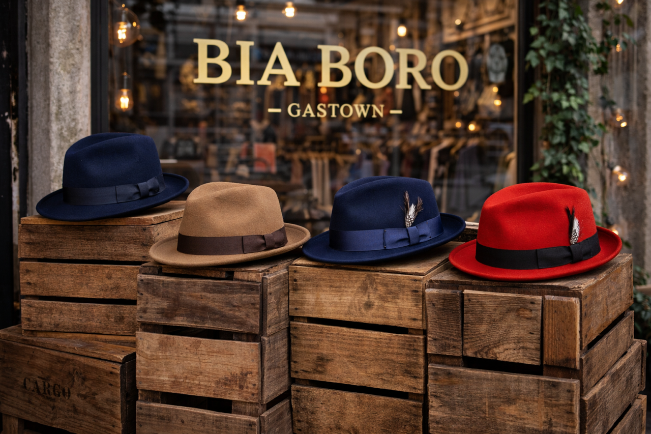 A curated collection of men's premium wool fedora hats in navy, camel, and red, arranged on a dark wood shelf above tailored suits and dress shirts in a gentleman's wardrobe