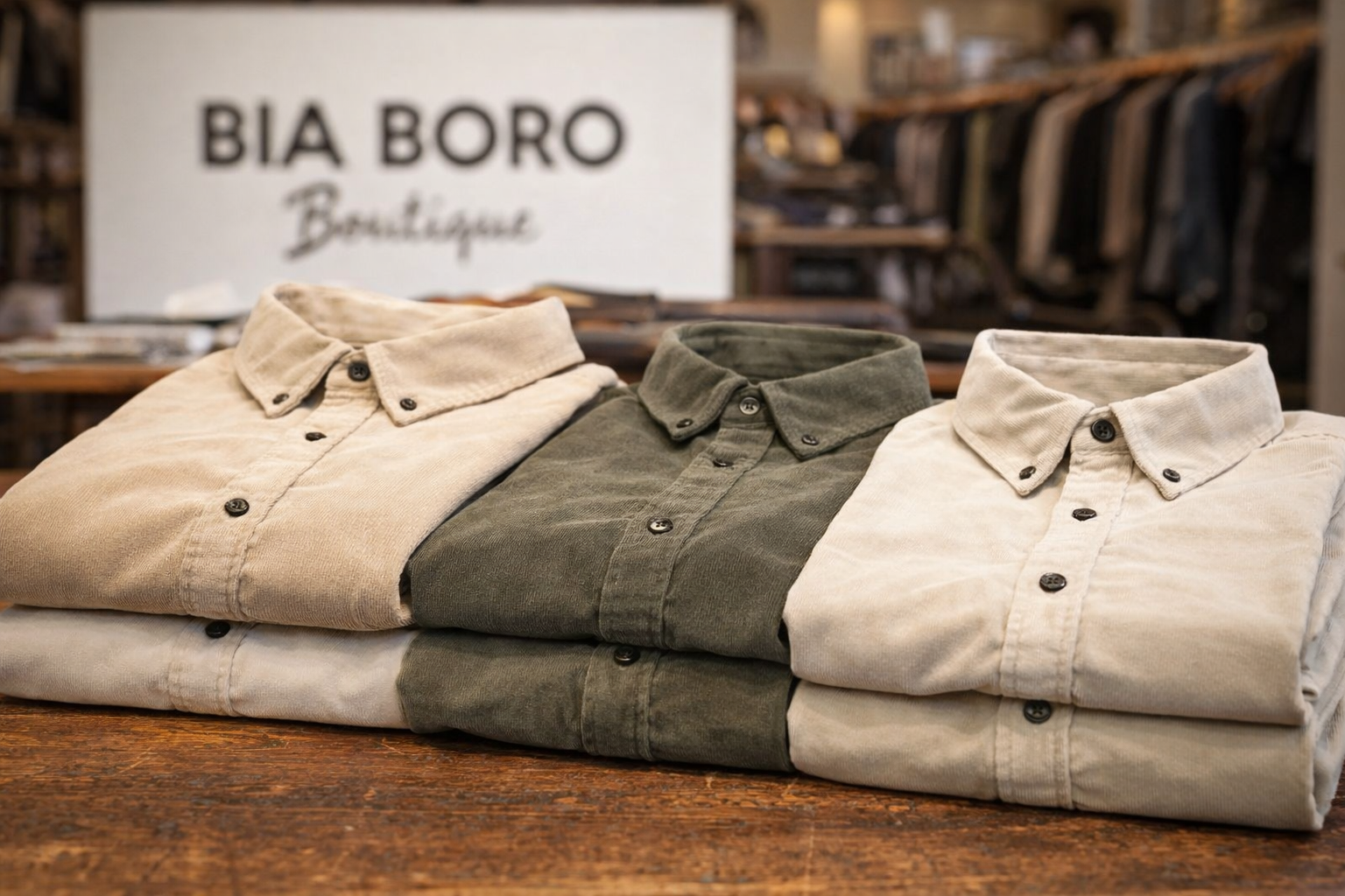 Bia Boro Menswear corduroy shirts in cream, olive, and beige – versatile colors for any occasion