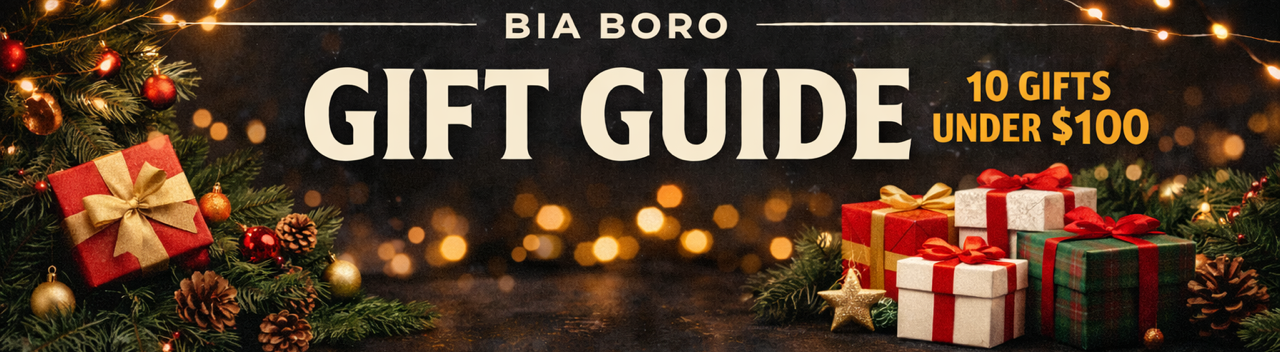 Bia Boro Menswear gift guide 10 gifts under 100 dollars holiday shopping banner with Christmas presents wrapped ribbons and festive ornaments in Vancouver