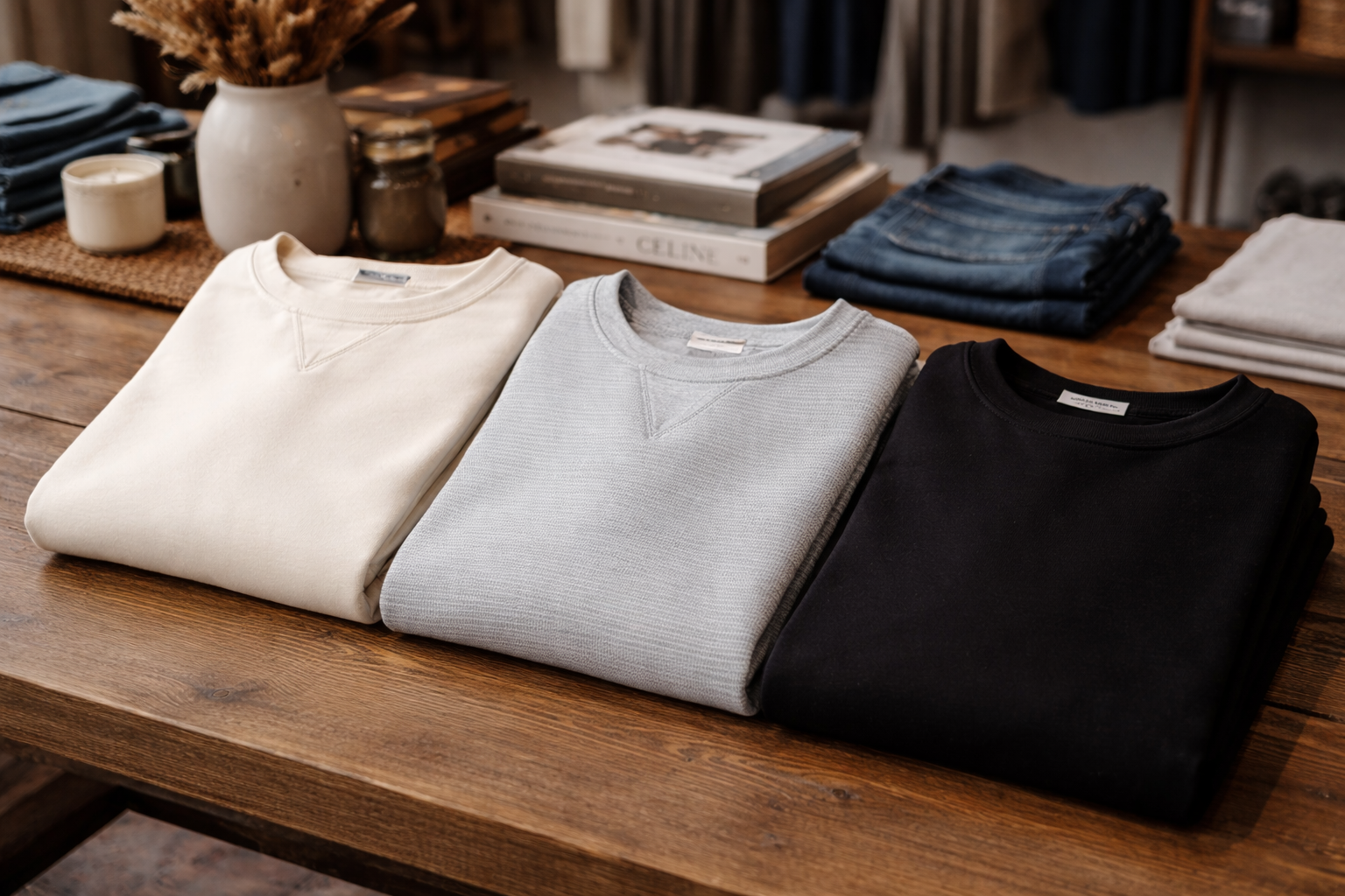 Bia Boro Menswear folded crew neck men's sweaters in cream grey and black displayed on wooden table with books home decor accessories styling at Vancouver boutique