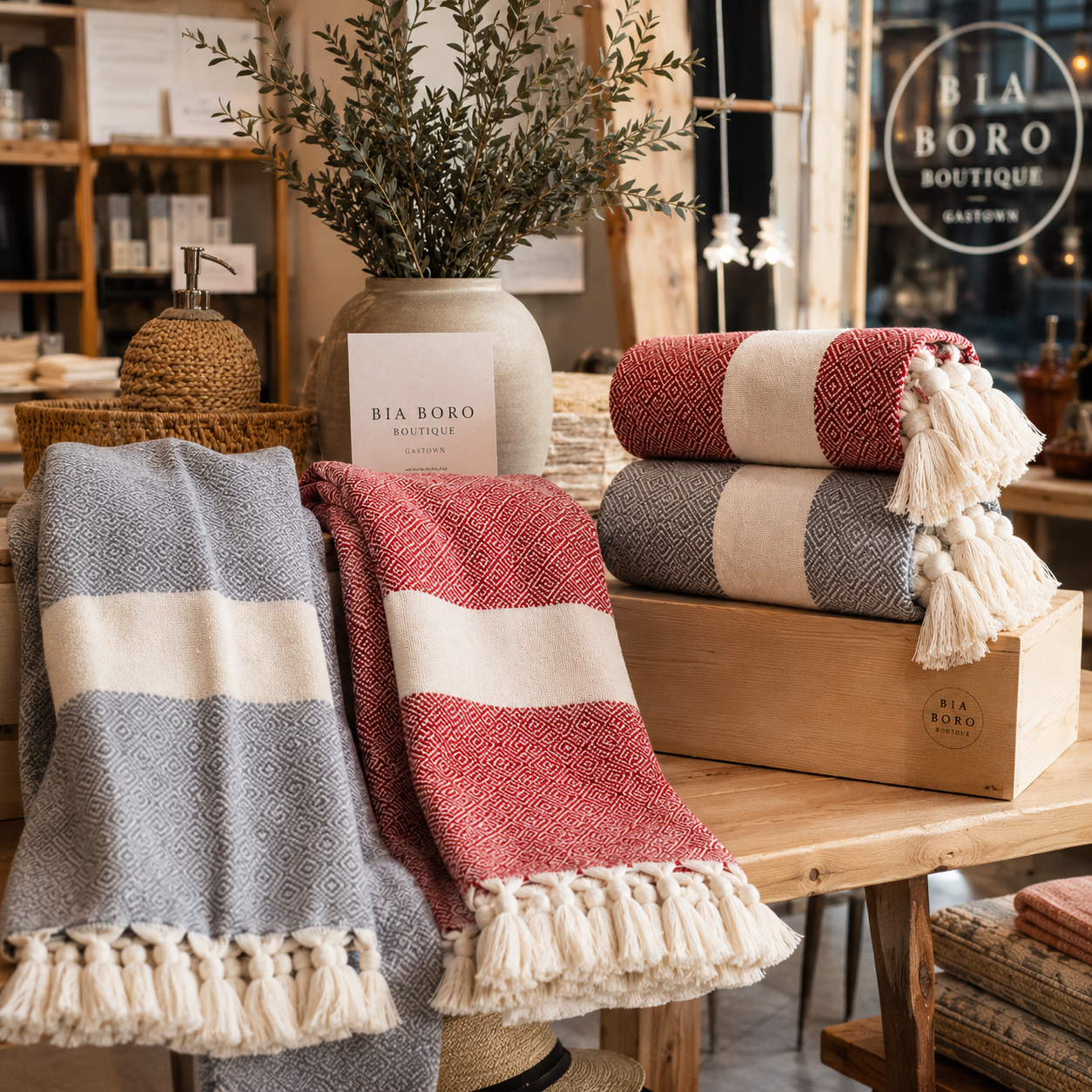 Bia Boro Boutique Gastown — Turkish beach towels in red and grey with tassel fringe displayed in-store Vancouver