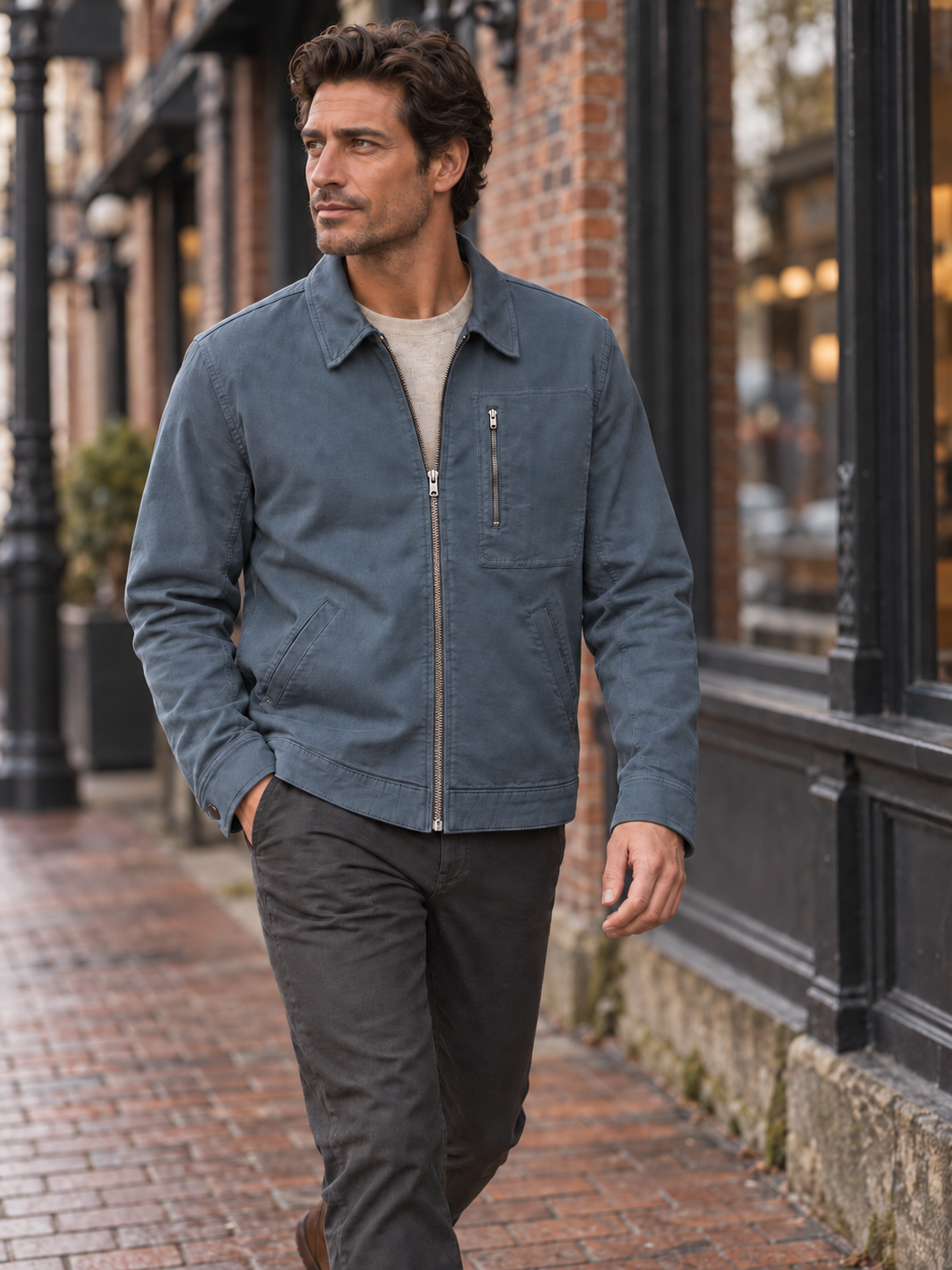 Man wearing the DUER Stretch Canvas Utility Jacket in Slate on a Gastown sidewalk