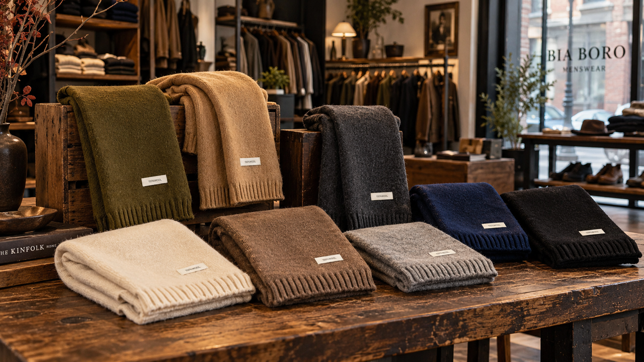100% wool scarves for men in olive, tan, charcoal, navy, black and oatmeal at BIA BORO Menswear, Gastown