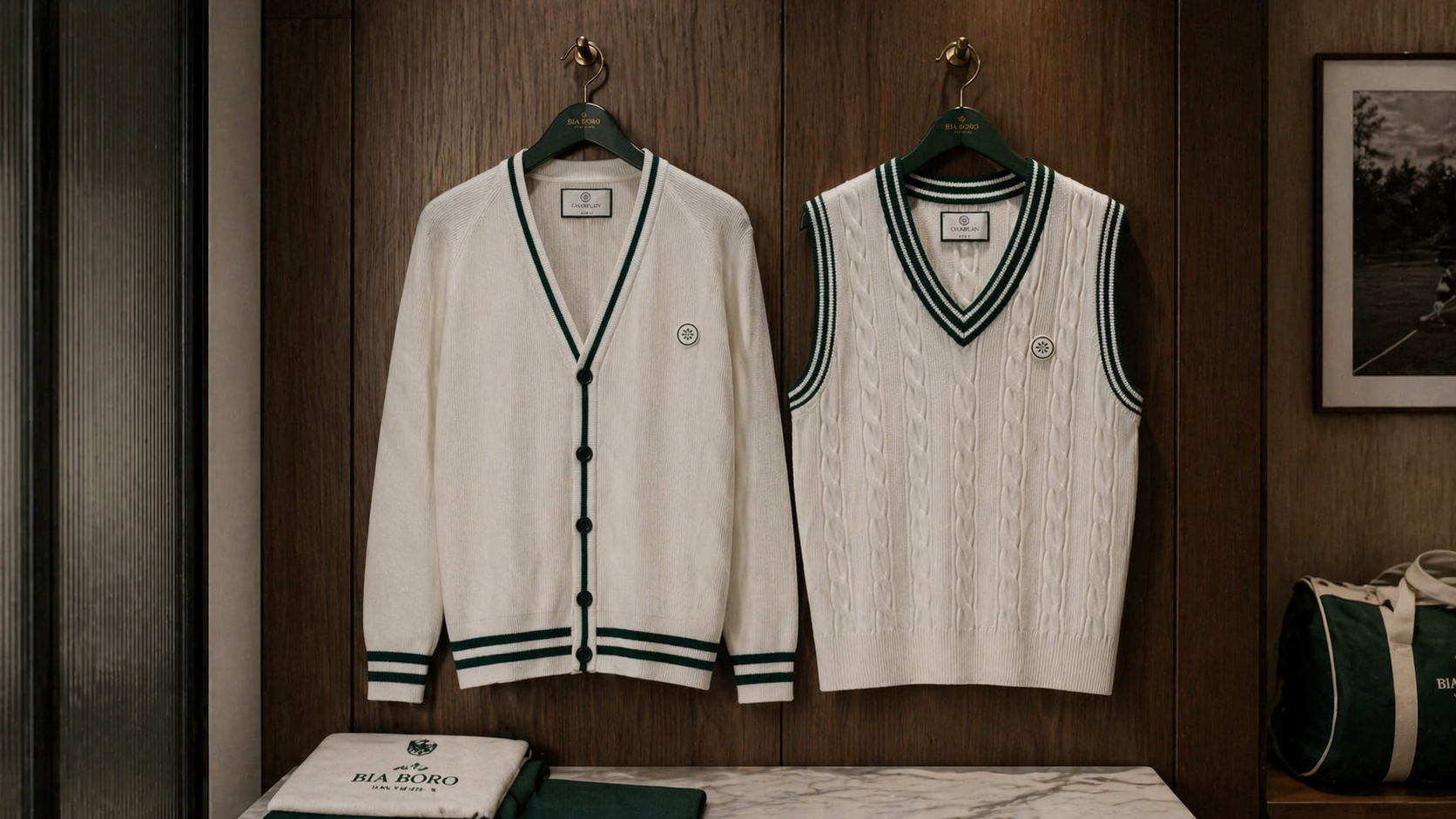 Champlain Knit Cardigan and Cable Knit Sweater Vest displayed side by side on wooden wall hangers — Bia Boro Menswear signature off-white and forest green collection