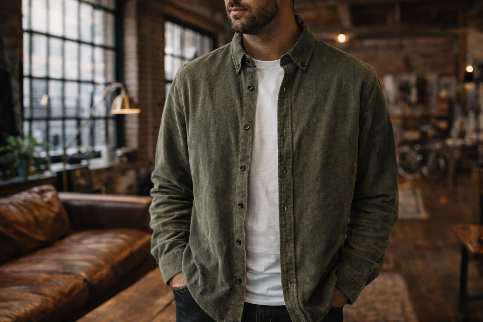 male model wearing an olive corduroy button up over a white t shirt in a gastown loft interior