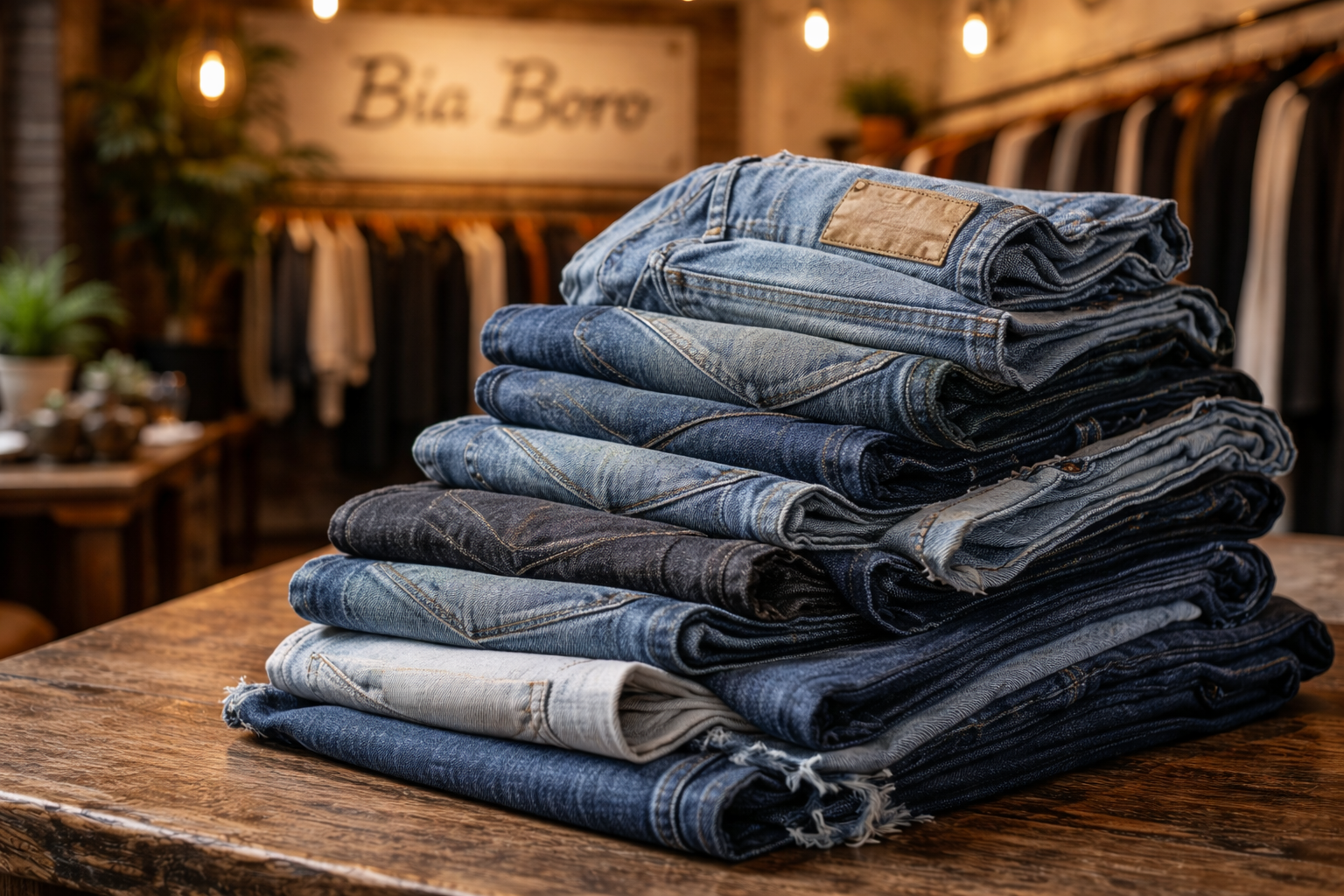 Pile of folded denim jeans in mixed washes displayed on a wooden table inside Bia Boro Menswear boutique
