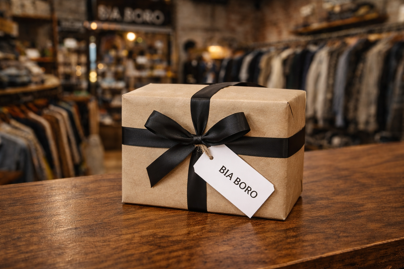 gift wrapped package with black ribbon on a wooden counter inside bia boro menswear boutique