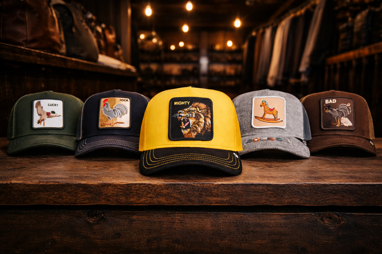 Goorin Bros Animal Farm trucker hats displayed on a wooden table inside Bia Boro menswear boutique with lion duck rooster and camel embroidered caps