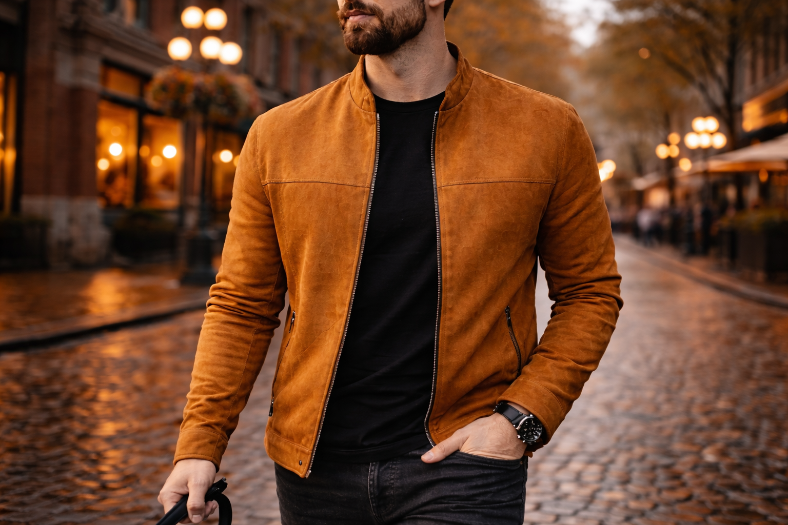 Close-up of a caramel suede men’s jacket with zip front worn on a cobblestone Gastown street, highlighting texture and fit in an urban setting