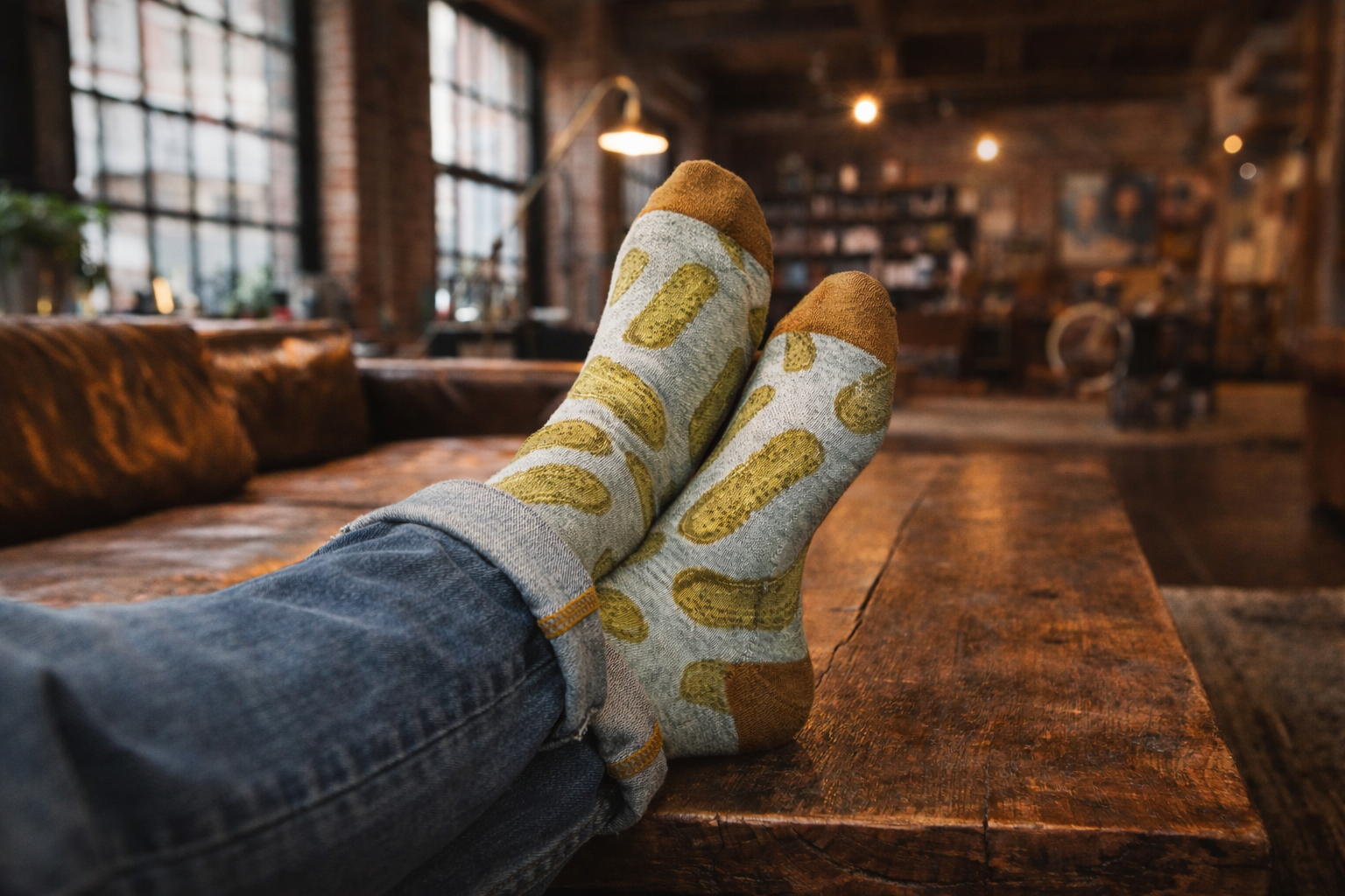 male model wearing pickle pattern socks with cuffed medium wash jeans lounging in a gastown loft on a wooden table