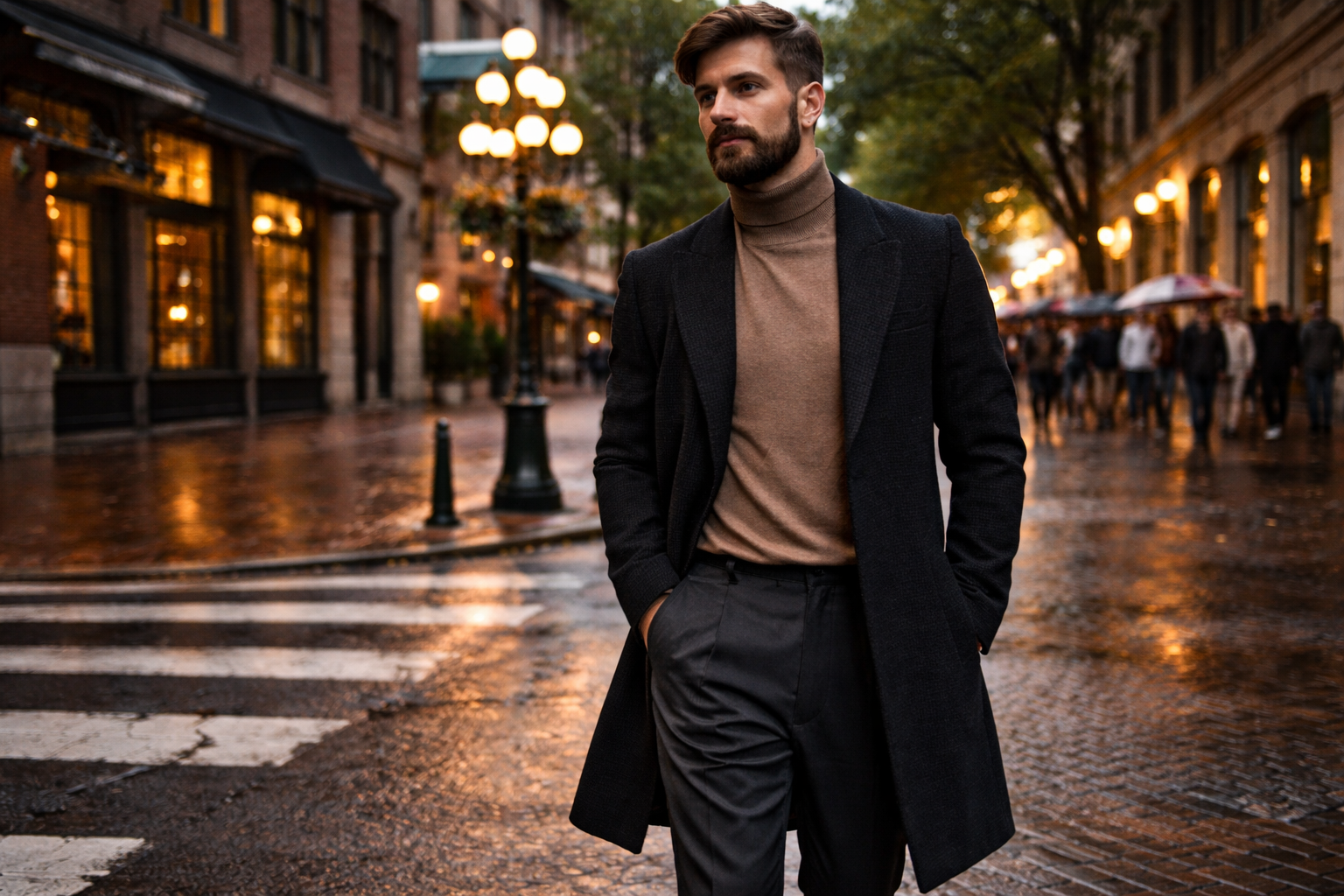 man wearing tailored black coat and taupe turtleneck walking down gastown street in vancouver