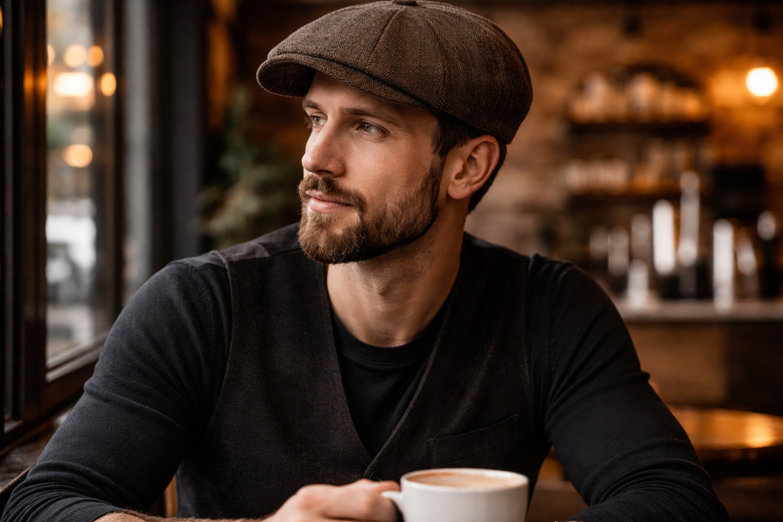 Close up of male model wearing a brown tweed newsboy cap and black waistcoat sitting in a Gastown coffee shop with warm interior lighting