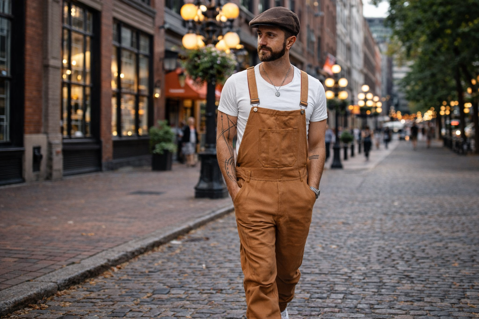 male model wearing tan overalls and white t shirt walking down a cobblestone street in Gastown Vancouver with heritage brick buildings and street lamps in the background