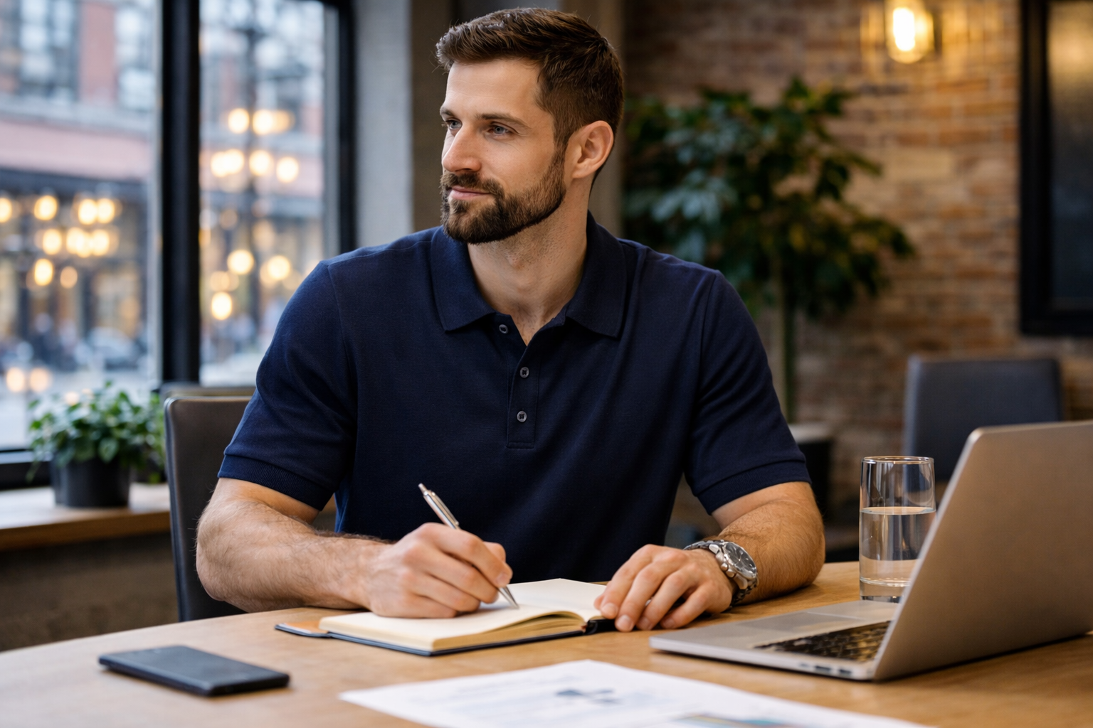 Model wearing navy polo shirt seated at a meeting in a Gastown office, business casual setting with laptop and notebook