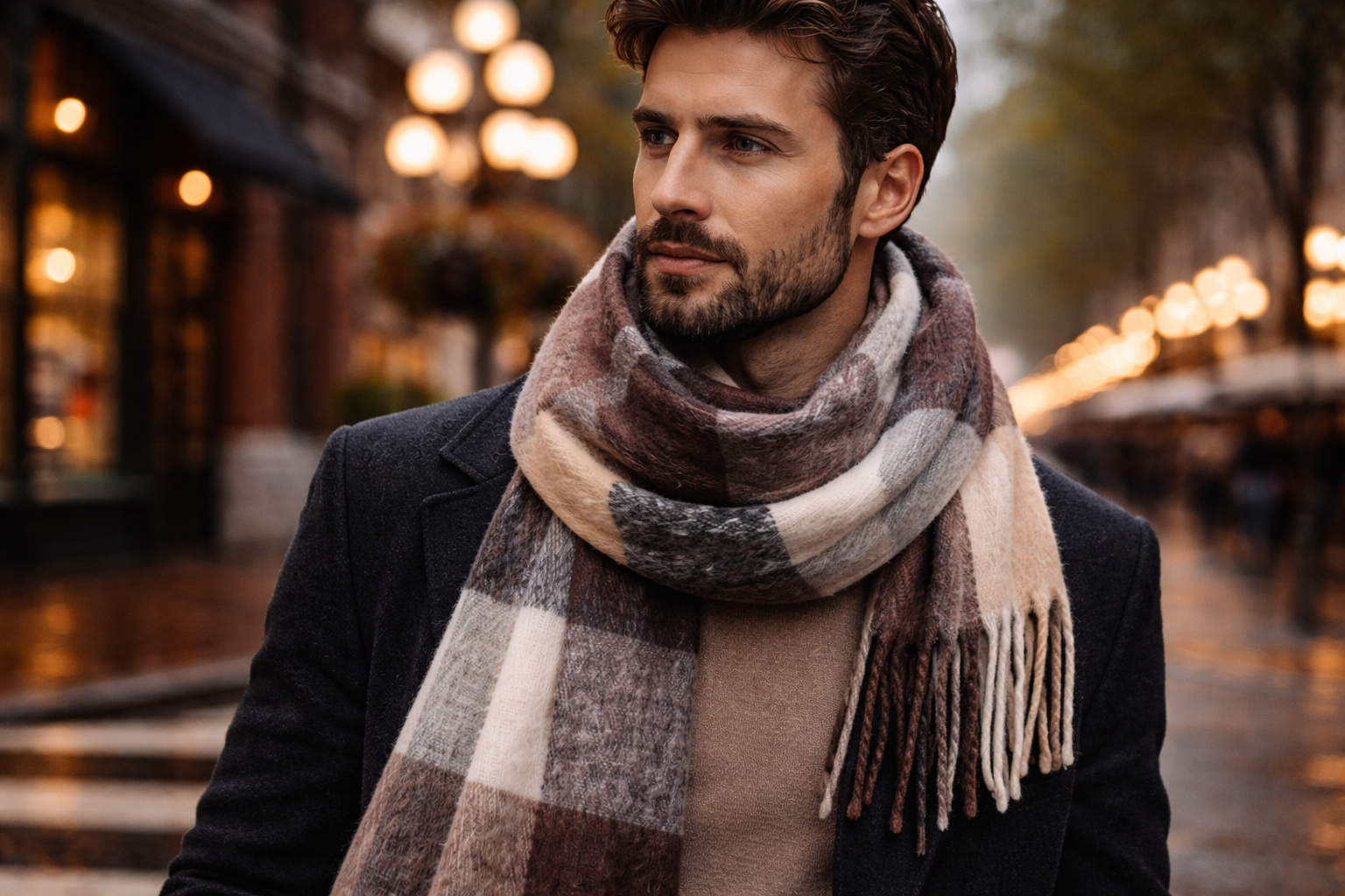 close up of male model wearing a large plaid scarf in neutral tones walking through gastown with historic brick buildings in the background
