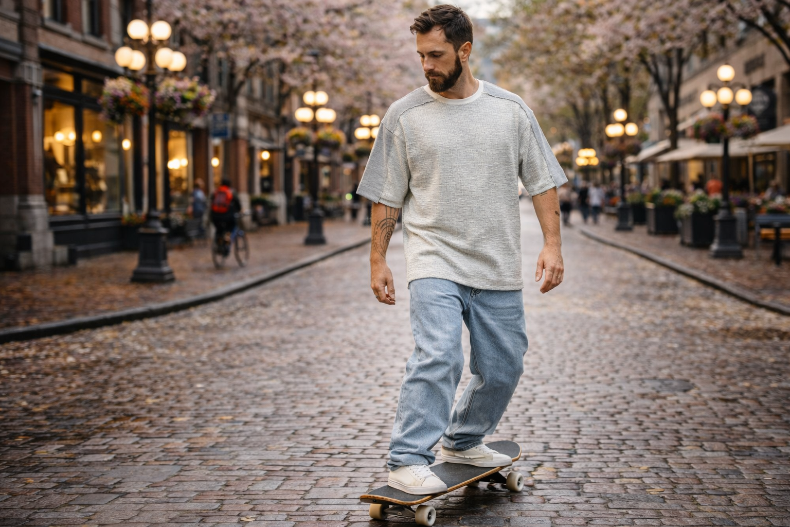 Male model wearing an oversized textured tee with light wash loose denim riding a longboard on a cobblestone street in Gastown Vancouver during spring