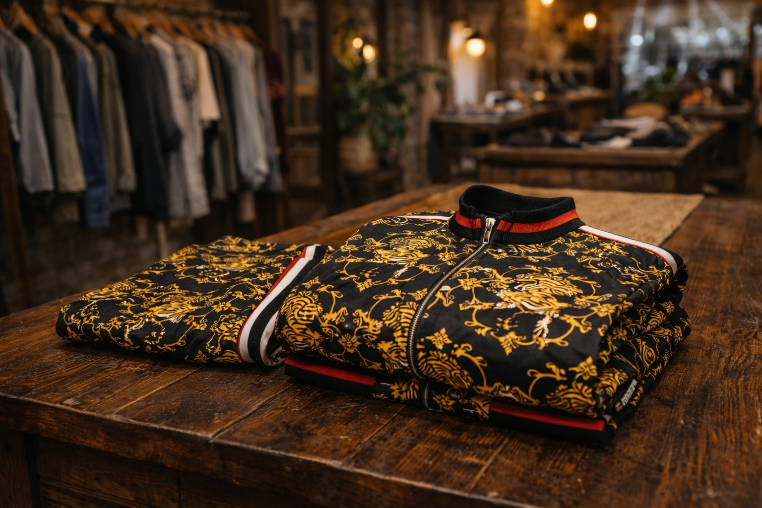 Folded black and gold baroque tracksuit displayed on a rustic wooden center table inside Bia Boro Menswear boutique