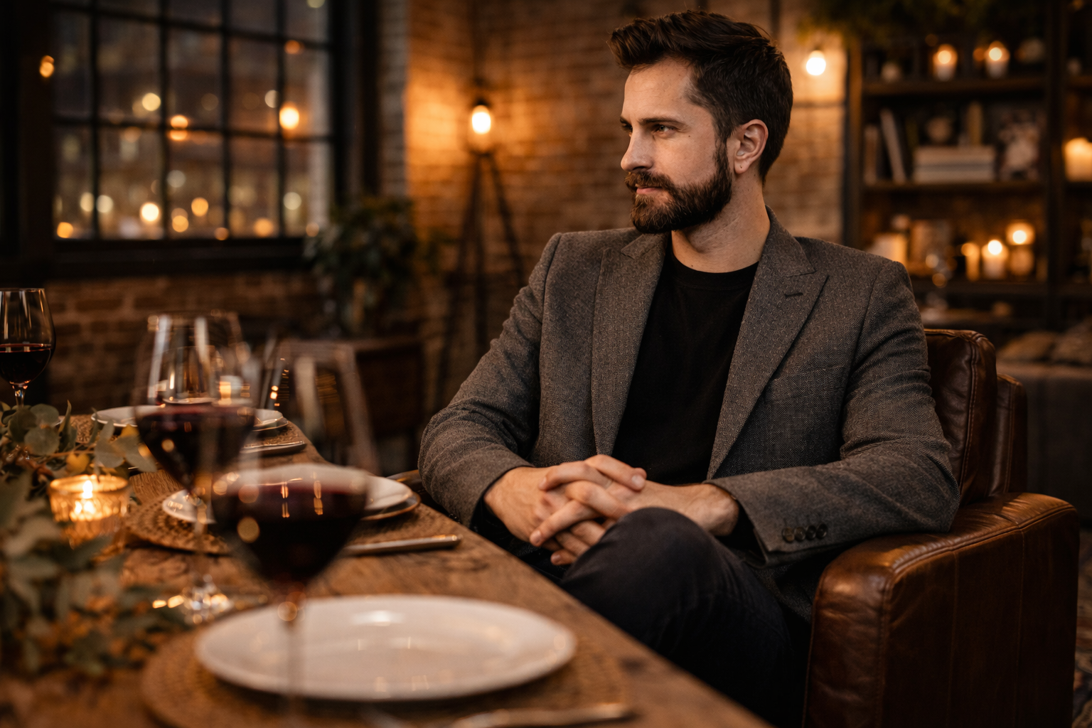man wearing a tailored blazer seated at a dinner table in a trendy Gastown loft sitting on a leather chair