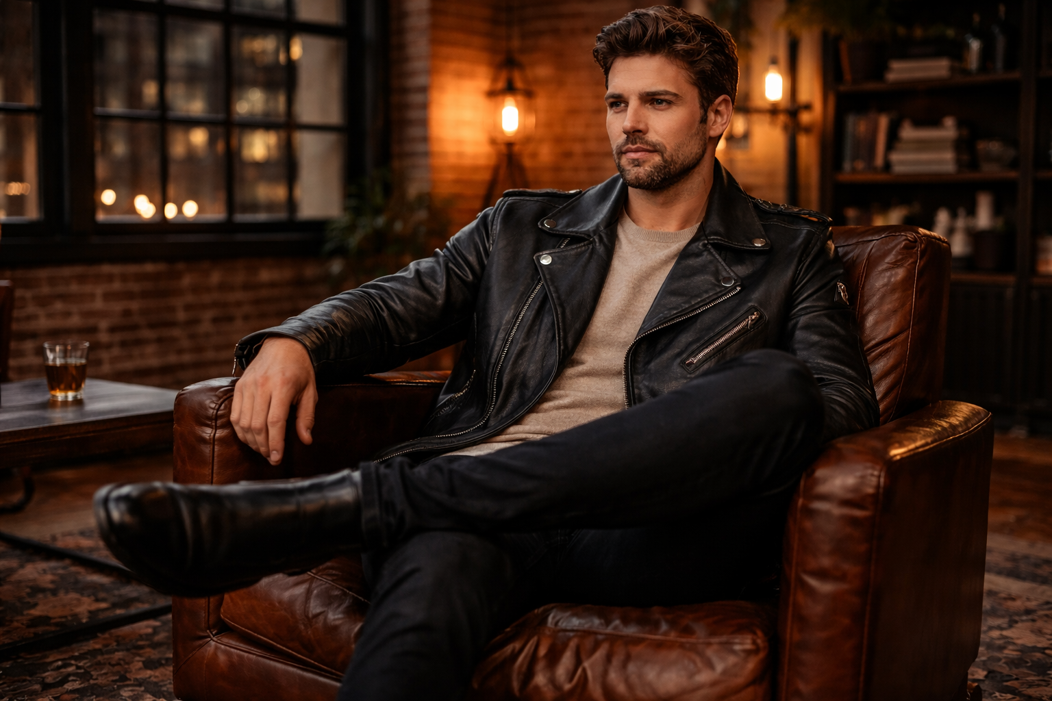 Male model wearing a black leather jacket with black jeans and leather Chelsea boots seated in a leather chair inside a Gastown loft interior