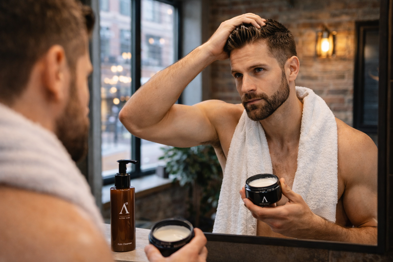 man styling hair in gastown loft bathroom using alpha aura hair product in front of mirror
