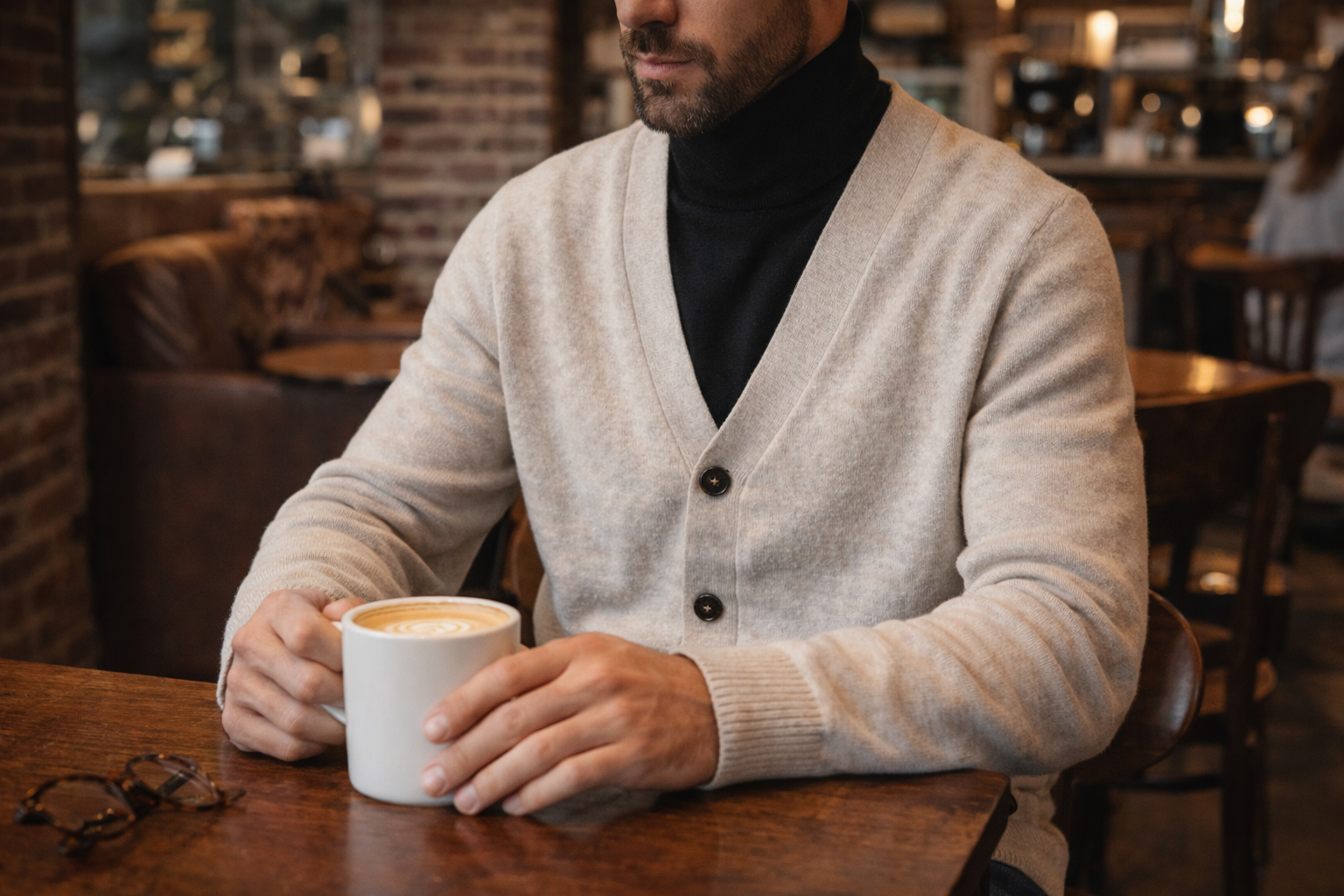 male model wearing a light knit cardigan over a black turtleneck sitting in a gastown coffee shop holding a cappuccino